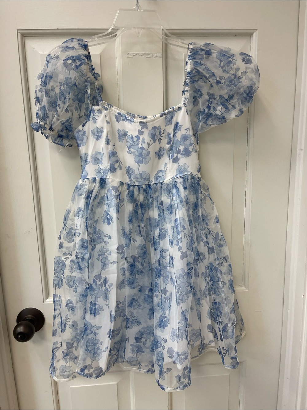 Altar'd State White and Blue Floral Puff-Sleeve Dress
